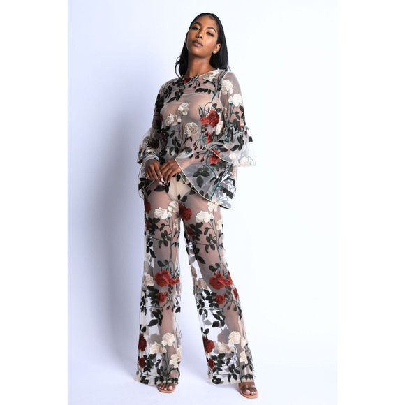 Women's Rose embroidered Outfit Casual Set Flared Long Sleeve 2 Piece Set - Picture 2 of 12